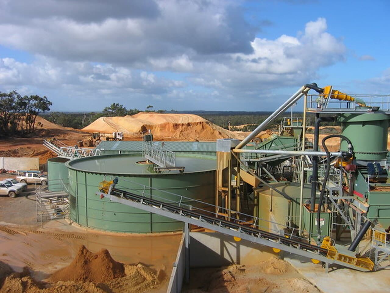 Sand processing plant with thickener tank and conveyors, built and controlled by SL Electrical